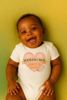 Bébé souriant portant un body blanc Maman et moi amour infini, cadeau original, vêtement bébé tendre et unique