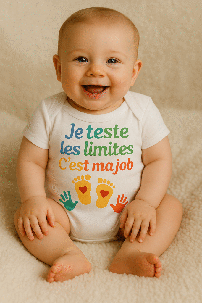 Bébé souriant portant un body humoristique multicolore avec inscription "Je teste les limites, c’est ma job" cadeau naissance original en coton doux