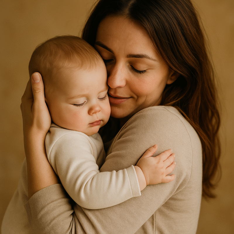 Maman câline tendrement son bébé – amour, douceur et vêtements bébé AnCaBébé 0-24 mois en coton Airlume