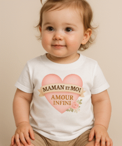 Bébé portant un t-shirt coton Airlume Maman et Moi Amour Infini – vêtement bébé 0-24 mois doux, cadeau naissance unique
