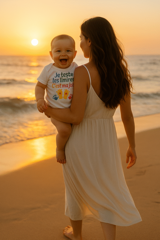 Maman et bébé heureux au coucher du soleil sur la plage – body bébé Je teste les limites C’est ma job – vêtements bébé 0-24 mois AnCaBébé