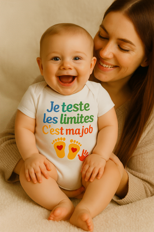 Maman câline son bébé souriant portant un body bébé humoristique Je teste les limites c’est ma job – vêtements bébé 0-24 mois confortables AnCaBébé
