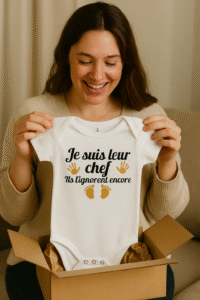 Maman souriante découvrant un body bébé humoristique "Je suis leur chef, ils l’ignorent encore" – idée cadeau naissance original en coton premium hypoallergénique