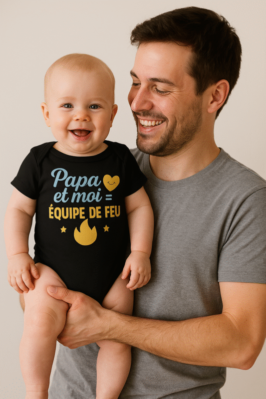 Papa qui tient son bébé souriant portant un body noir AnCa Bébé avec l’inscription Papa et moi = équipe de feu