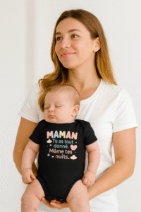 Maman heureuse tenant son bébé portant un body personnalisé noir au message émouvant.