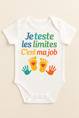 Body bébé blanc Ancabebe à plat, message « Je teste les limites, c’est ma job » multicolore, coton doux, boutons-pression visibles.