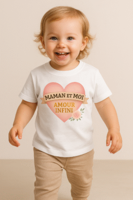 Bébé souriant portant le T-shirt Maman et Moi Amour Infini – coton doux, idée cadeau naissance et fête des mères