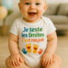 Bébé souriant assis portant un body blanc Ancabebe « Je teste les limites, c’est ma job » avec empreintes et mains colorées.