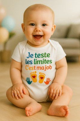 Bébé souriant assis portant un body blanc Ancabebe « Je teste les limites, c’est ma job » avec empreintes et mains colorées.
