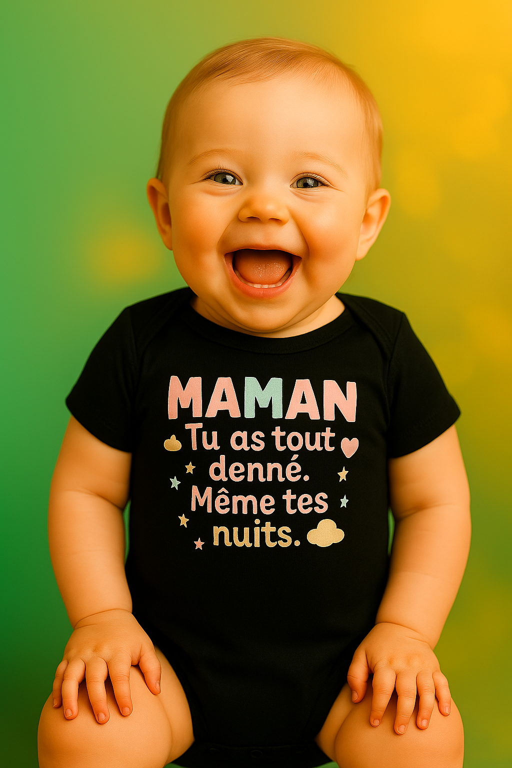 Bébé qui rit en body MAMAN tu as tout donné – vêtements bébé 0–24 mois doux, confortables et uniques AnCaBébé