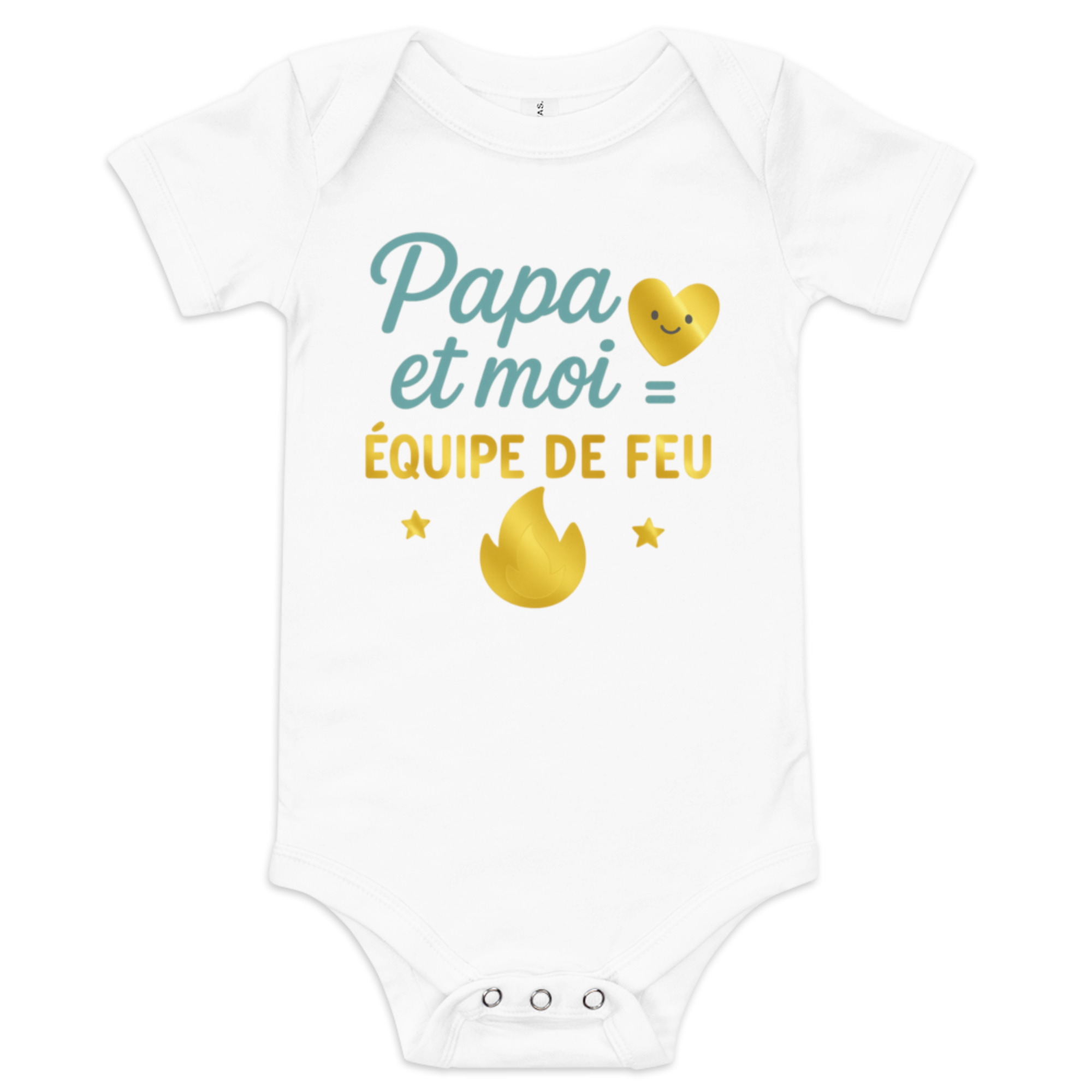 Body bébé blanc à manches courtes avec inscription « Papa et moi = Équipe de feu » motif cœur et flamme dorés cadeau original pour papa et bébé
