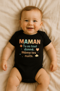 Bébé souriant, allongé sur un drap crème, porte un body noir AnCa Bébé avec l’inscription colorée « MAMAN, tu as tout donné. Même tes nuits. »