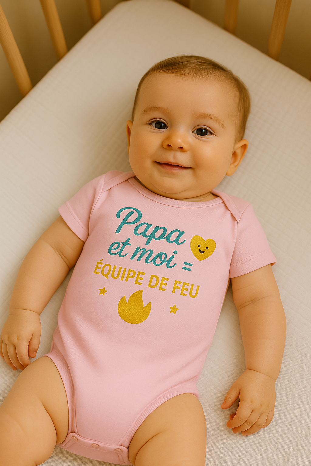 Bébé allongé dans son lit portant le body rose Ancabebe « Papa et moi = équipe de feu », design bien lisible, coton doux.