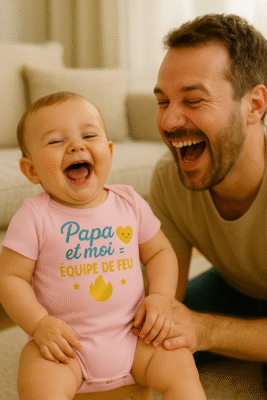 Bébé et papa éclatent de rire au salon, body rose Ancabebe « Papa et moi = équipe de feu » bien lisible.