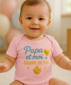 Bébé souriant en body rose “Papa et moi = équipe de feu” — body Ancabebe en coton doux, scène lumineuse.