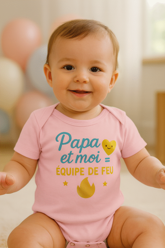 Bébé souriant en body rose “Papa et moi = équipe de feu” — body Ancabebe en coton doux, scène lumineuse.