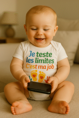 Bébé souriant assis tenant une télécommande, portant un body blanc Ancabebe « Je teste les limites, c’est ma job » avec empreintes colorées.