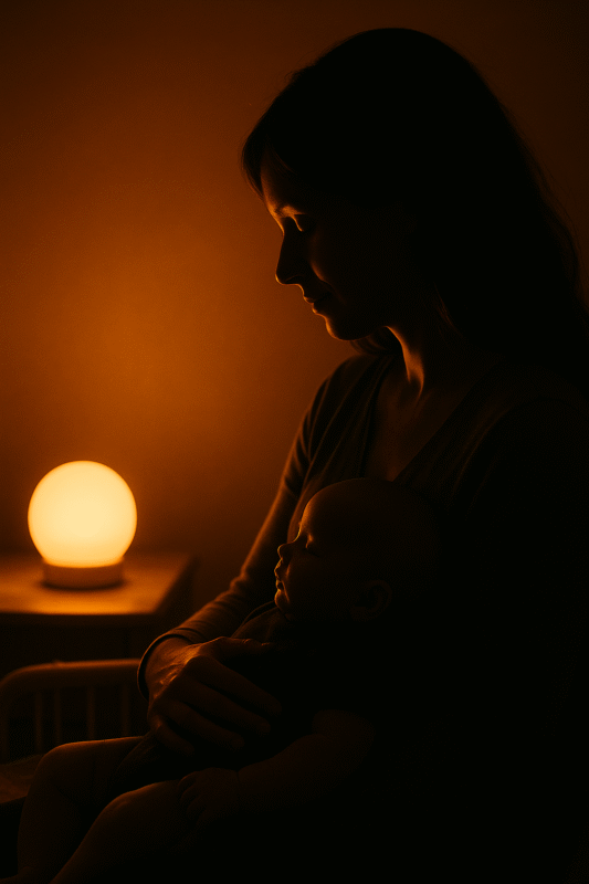 Maman assise dans un fauteuil la nuit tenant tendrement son bébé endormi, ambiance douce et chaleureuse avec une veilleuse allumée.