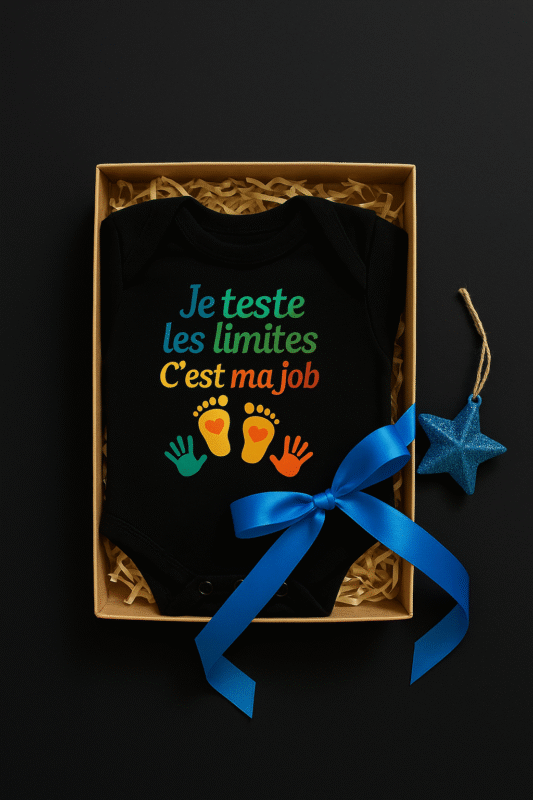 Body bébé noir humour « Je teste les limites, c’est ma job » en coffret cadeau avec ruban bleu – coton doux, imprimé multicolore – idée cadeau naissance & baby shower.