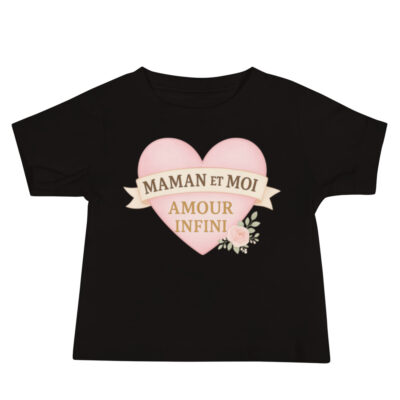 T-shirt bébé noir « Maman et Moi – Amour Infini » à cœur rose, manches courtes – cadeau naissance & Fête des Mères