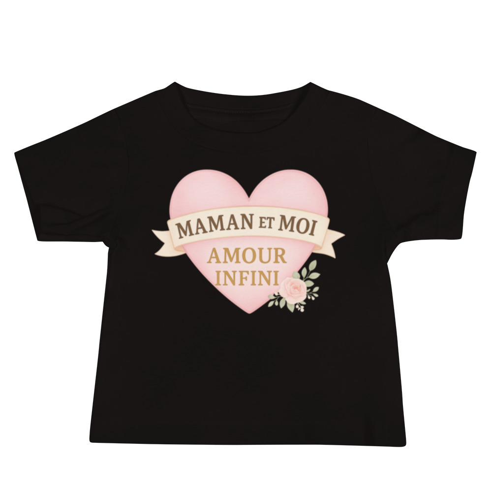 T-shirt bébé noir « Maman et Moi – Amour Infini » à cœur rose, manches courtes – cadeau naissance & Fête des Mères