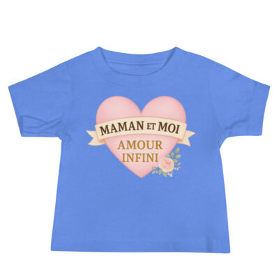 T-shirt bébé bleu heather « Maman et Moi – Amour Infini », manches courtes, coton doux, cadeau de naissance / baby shower.