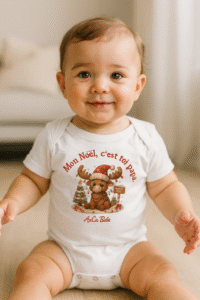 Bébé souriant portant un body de Noël blanc AnCa Bébé avec le message « Mon Noël c’est toi papa », assis dans un salon lumineux, ambiance festive