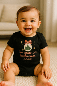 Bébé souriant portant un body de Noël noir avec le message Ton amour fait Noël maman par AnCa Bébé dans un salon chaleureux