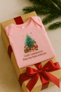 Body de Noël AnCa Bébé rose avec message « Noël commence dans tes bras maman » présenté sur un coffret cadeau avec ruban rouge, idée cadeau bébé et cadeau maman