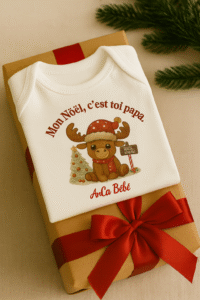 Body bébé de Noël “Mon Noël c’est toi papa” plié en coffret cadeau avec ruban rouge — idée cadeau naissance, cadeau papa, body personnalisé Ancabebe.