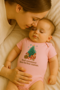 Maman admire son bébé endormi portant un body de Noël rose AnCa Bébé avec le message « Noël commence dans tes bras maman », scène tendre sur lit