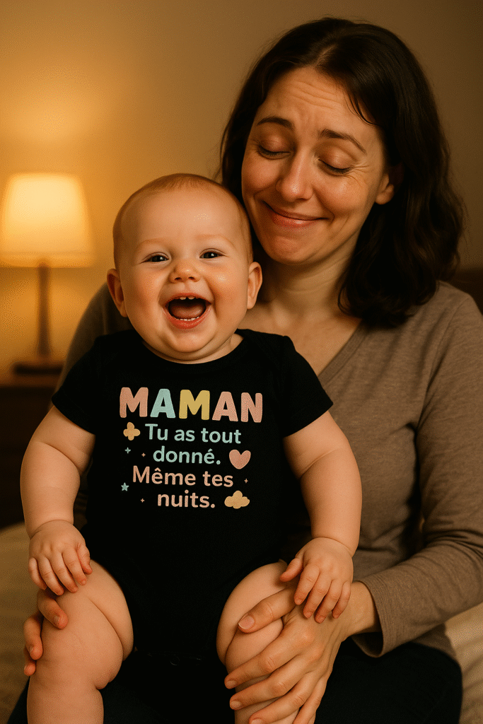 Maman câline son bébé souriant portant un body AnCa Bébé « MAMAN tu as tout donné, même tes nuits » noir, ambiance chaleureuse