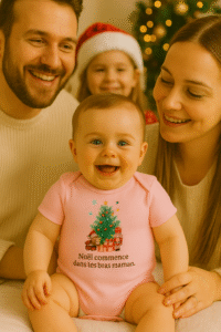 Bébé joyeux le jour de Noël entouré de sa famille, portant un body rose AnCa Bébé avec le message « Noël commence dans tes bras maman », sapin et ambiance festive en arrière-plan