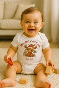 Bébé joyeux jouant dans le salon avec un body de Noël AnCa Bébé « Mon Noël c’est toi papa », cadeau tendre pour jeune papa et moment magique en famille