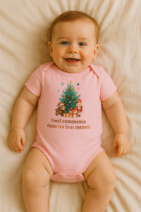 Bébé souriant allongé sur un lit, portant un body de Noël rose AnCa Bébé avec le message « Noël commence dans tes bras maman », cadeau Noël bébé et idée cadeau maman