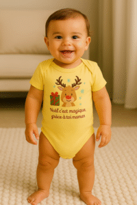 Bébé debout portant un body de Noël jaune avec message “Noël c’est magique grâce à toi maman” – cadeau bébé Noël – marque Ancabebe