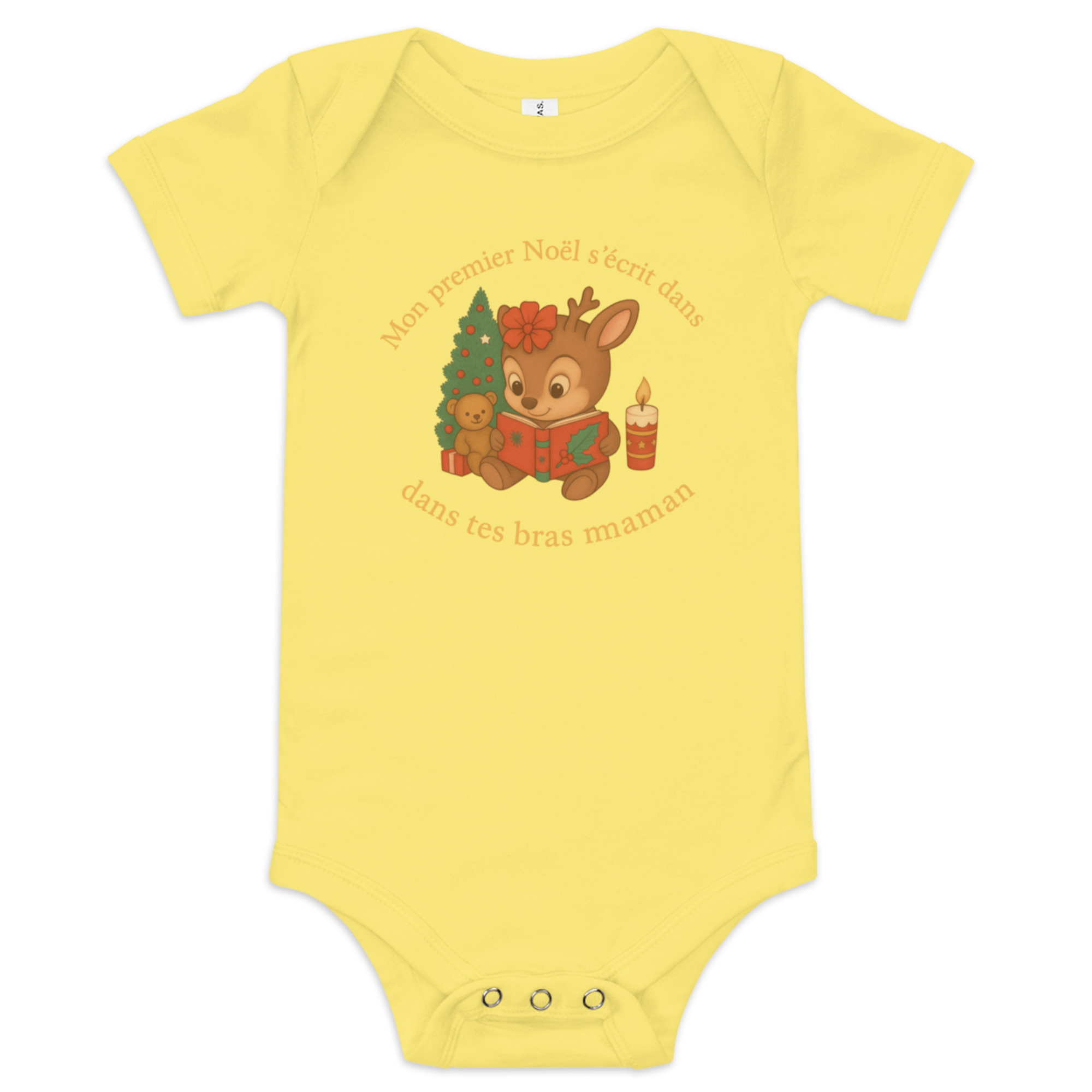 Bébé souriant portant un body de Noël AnCa Bébé avec l’inscription “Mon premier Noël s’écrit dans tes bras maman”. Cadeau unique, doux et symbolique pour maman et bébé.